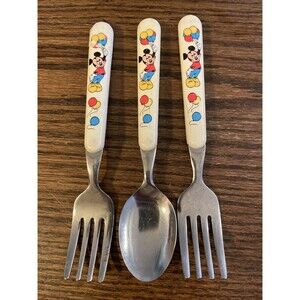 Vintage Disney Mickey Mouse Fork & Spoon Set Japan Kids Flatware Balloons